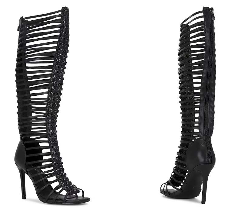 Women'S Fashion Boots - Kadın Siyah Kafesli Strappy Stiletto Topuk