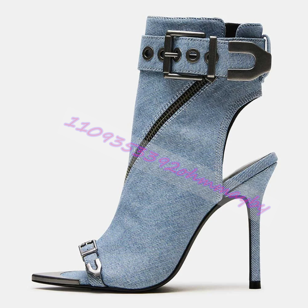 Women'S Fashion Boots - Yaz Mavi Denim Sivri Burunlu Kadın