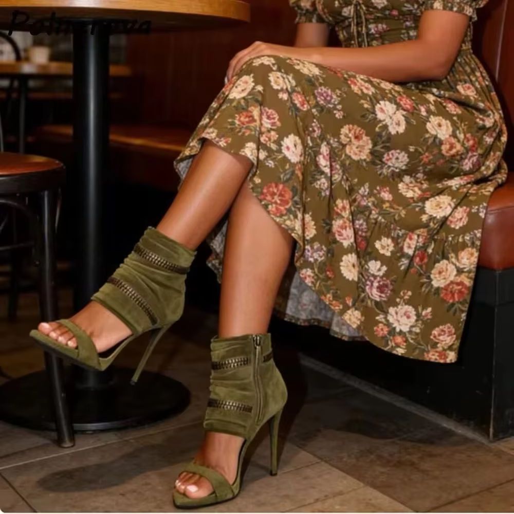 Women'S Fashion Boots - Slouchy Fermuar Detaylı Sandalet Bot Yeşil