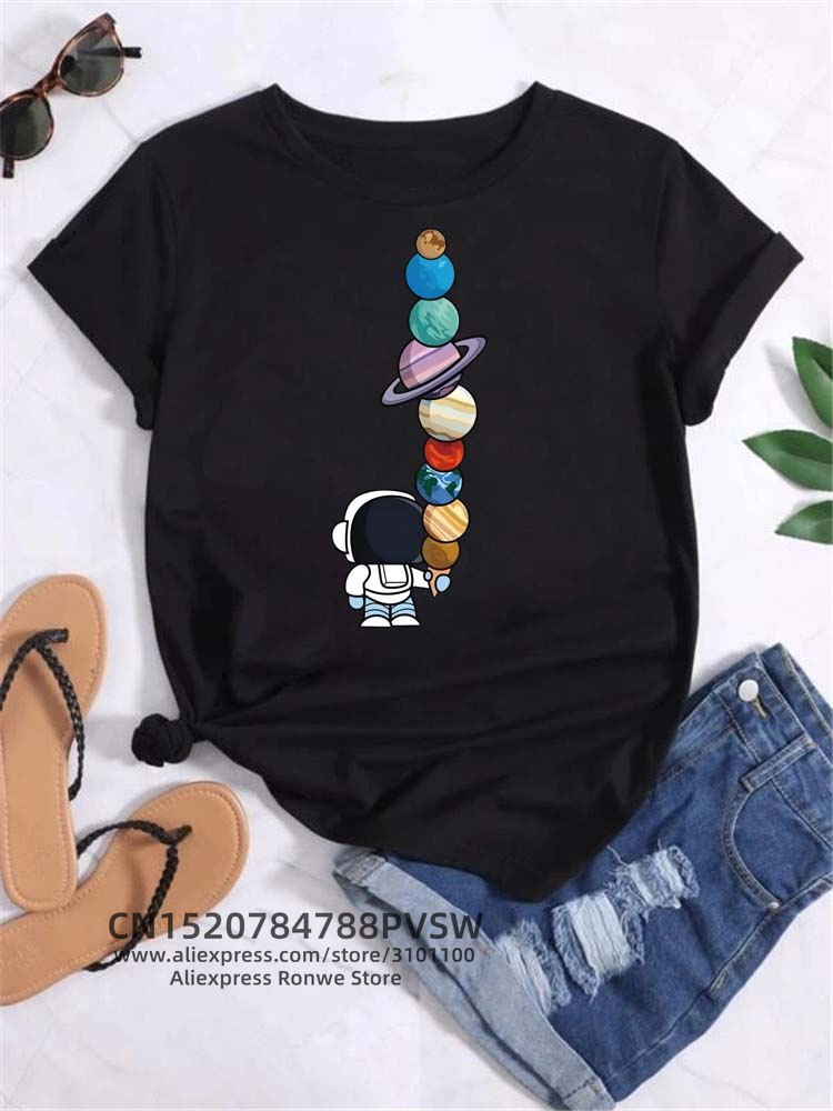 Women'S Fashion In The 90S - Ay Uzay Gezegen Baskı Tee Gömlek